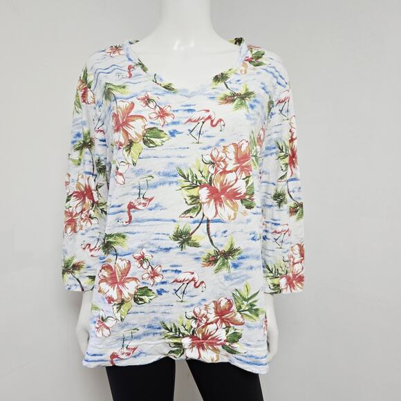 Fresh Produce Top Size 3X Tropical Flamingo 3/4 Sleeve Pocket Cotton Slub Knit - Picture 1 of 8